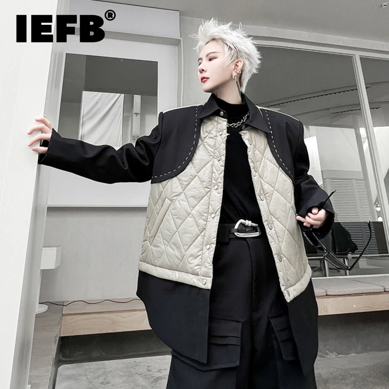 IEFB Winter Color Contrast Men's Cotton Thickened Coat 2022 Korean Fashion Patchwork High Street Male Jacket Single Breasted