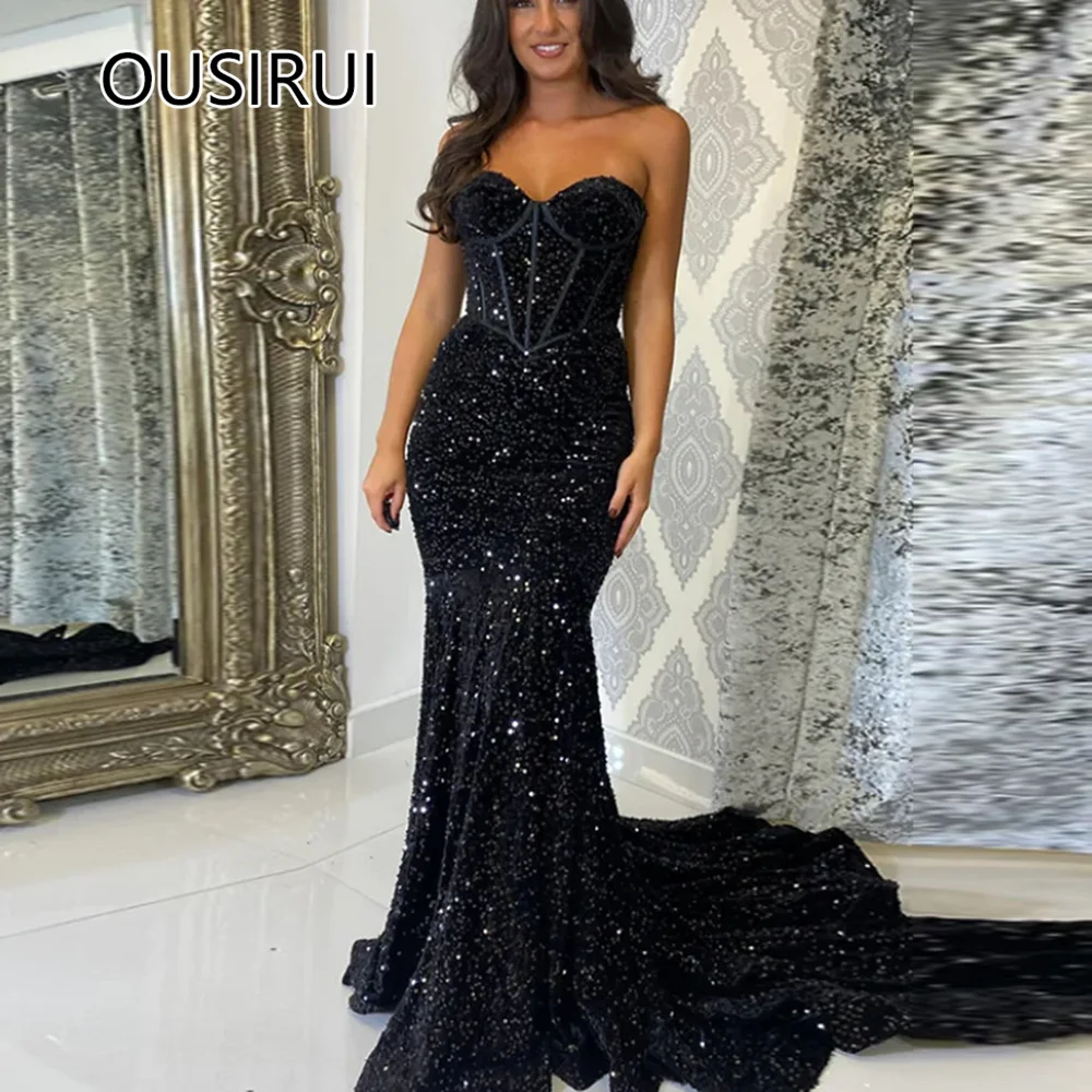 Customized Elegant Sweetheart Collar Sequins Shiny Prom Graduation Dress Sexy Mermaid Backelss Trian Cocktail