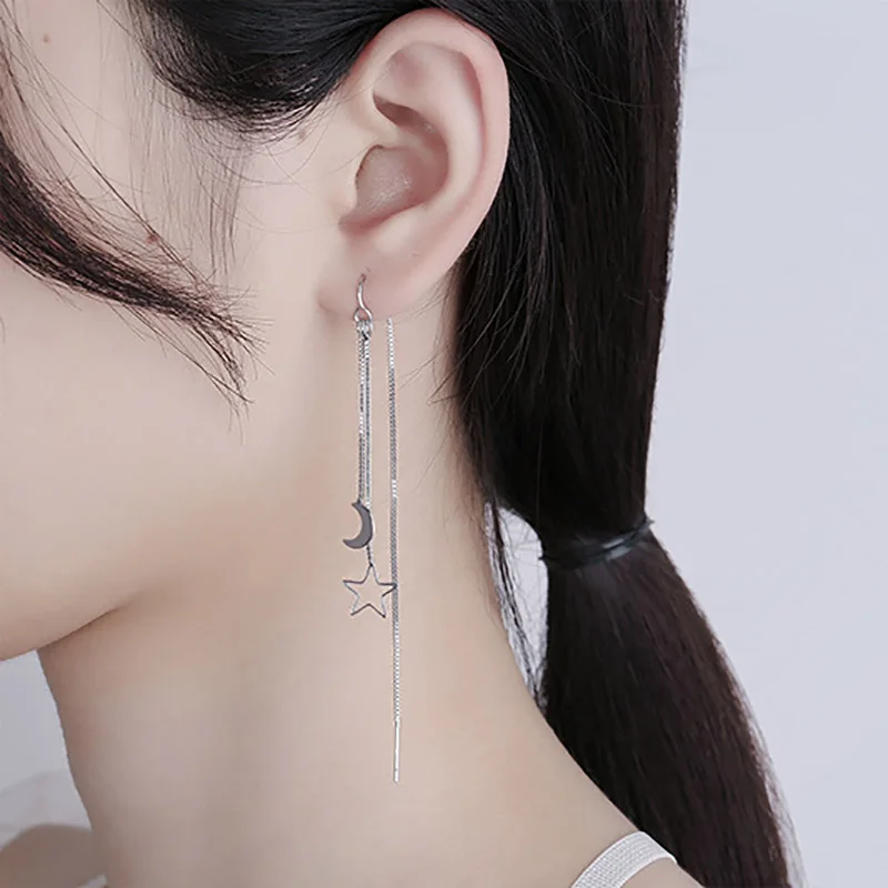 

Simple Moon Star Long Chain Earrings For Women Shine Crescent Geometric Tassel Piercing Earring Party Jewelry Hollowed Ear Line