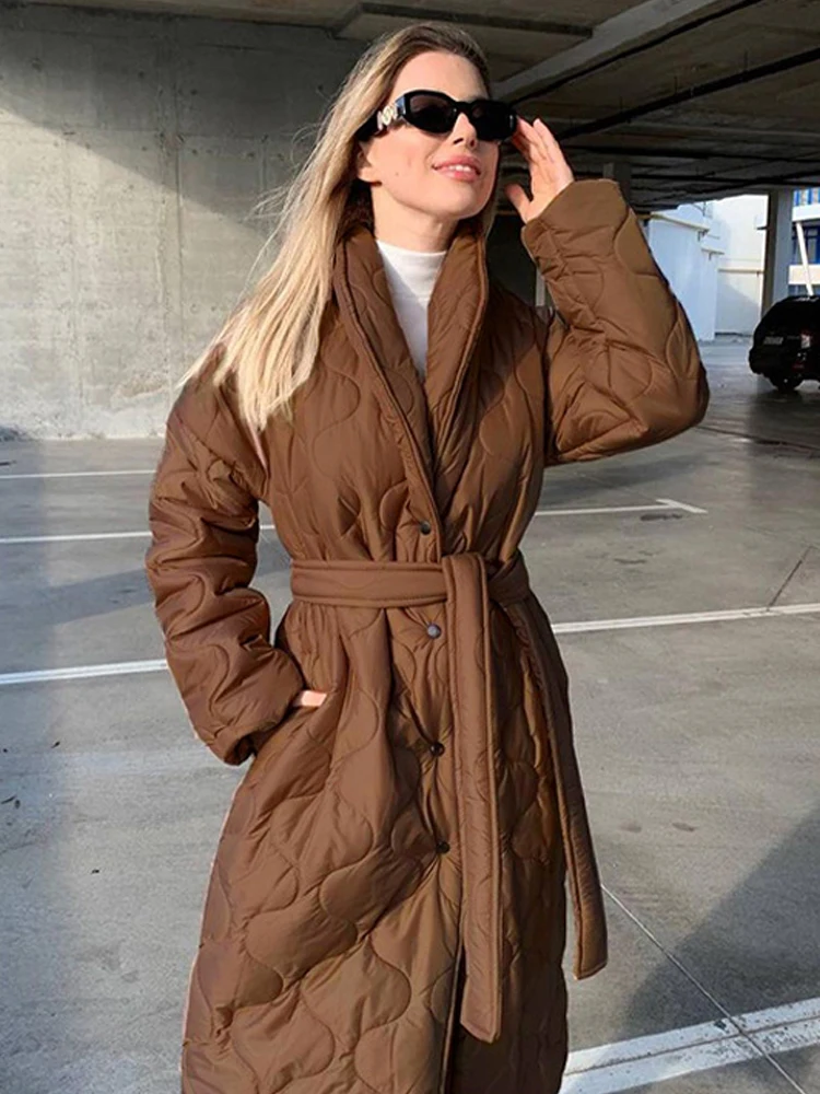 Casual Warm Lace Up Women Overcoat Parkas 2022 Autumn Winter Loose Long Solid Female Jackets Fashion Commuter Coats with Belt