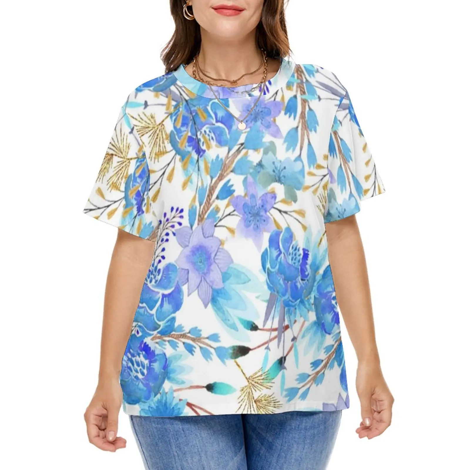Elegant Gold Lavender Blue T Shirts Watercolor Floral Print Trendy Street Wear T Shirt Short-Sleeve Modern Tees Plus Size 7XL 8X
