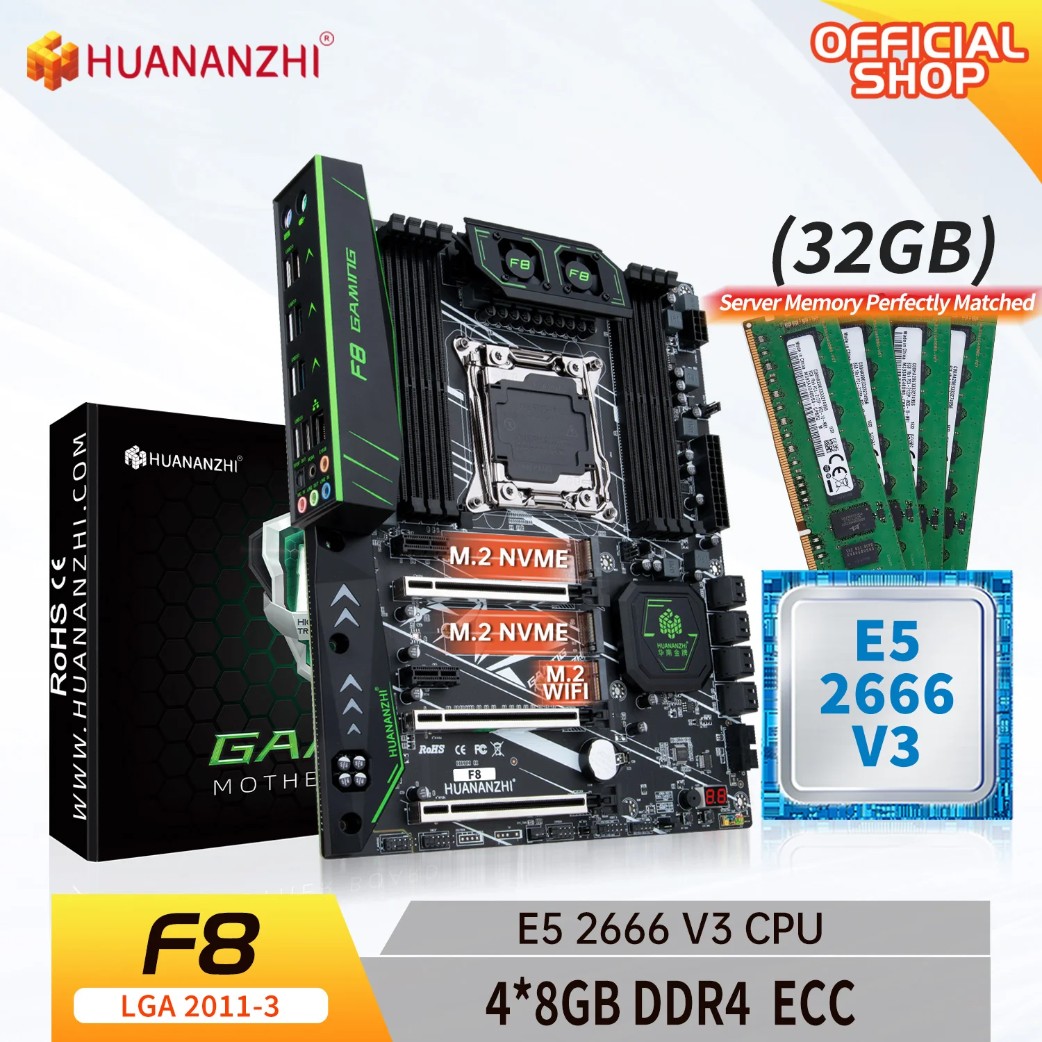 

HUANANZHI X99 F8 LGA 2011-3 XEON X99 Motherboard with Intel E5 2666 v3 with 4*8G DDR4 ECC memory combo kit set NVME SATA