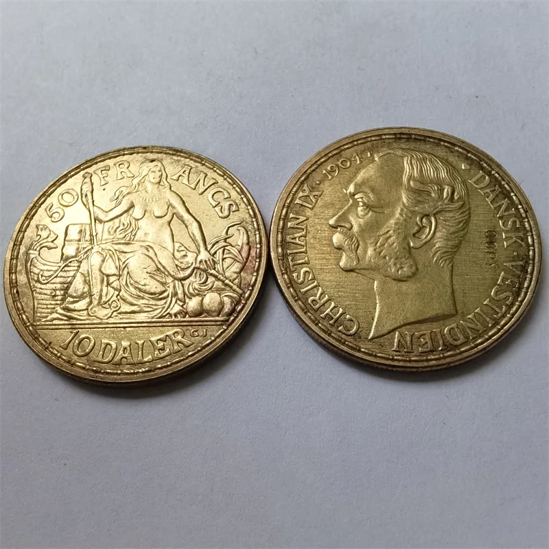 

Копия золотой монеты 1904 Датская Западная Индия 10 Дальер/50 Франков-Христиан IX 28 мм