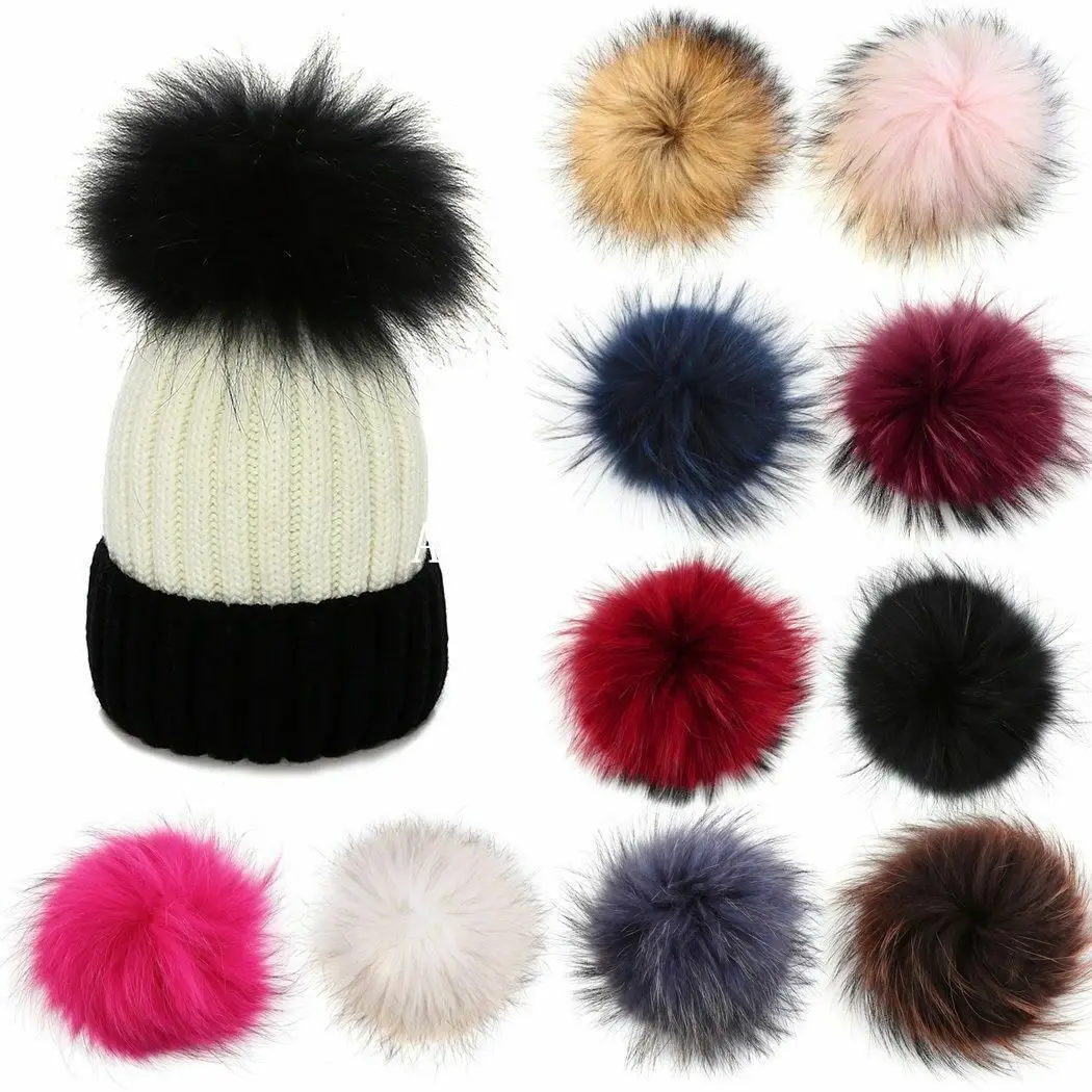 10/12cm Colorful White Faux Fox Pompoms Luxury Fur Ball for Knitted Hat Cap Winter Beanies Real Fur Pom Poms with Button or Rope images - 6