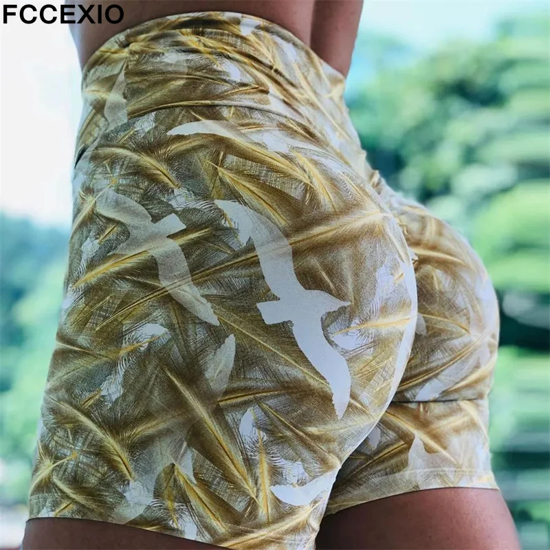 

Шорты FCCEXIO с золотистыми перьями и 3D принтом, леггинсы, спортивные женские брюки с высокой талией для фитнеса, облегающие леггинсы для трени...