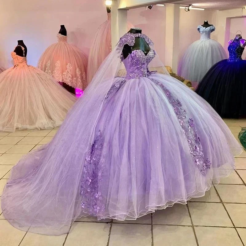 

Lavender Quinceanera Dresses Masquerade Puffy Ball Gown 3D Flower Beading Prom Dresses With Carp Sweet 16 vestidos de 15 anos