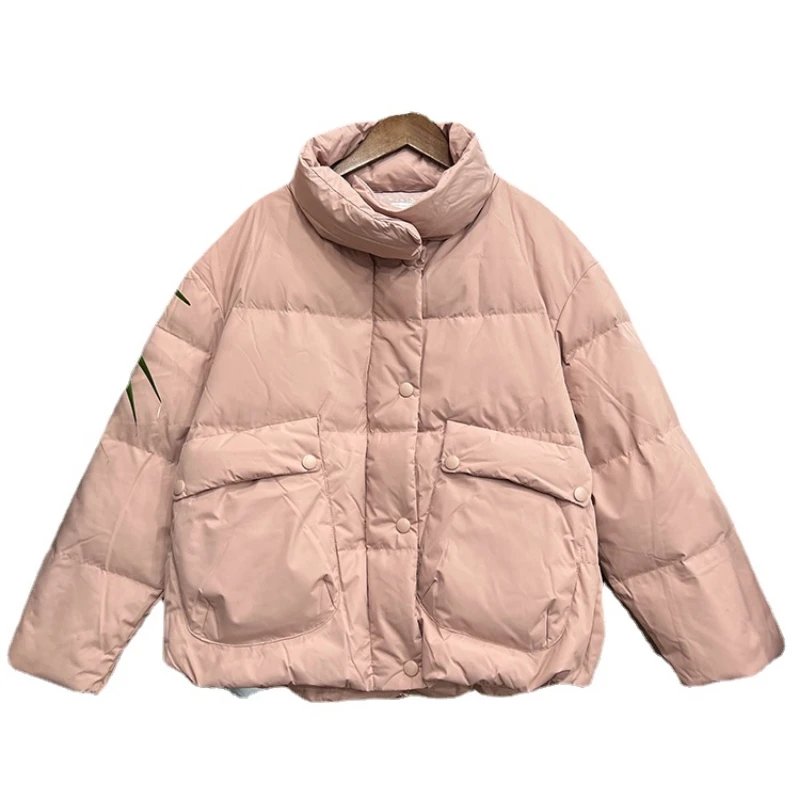 Korean Down Jacket Women's New Stand Collar Big Pocket Thickened Bread Jacket Winter Fashion Long Sleeve Solid Color Coat H152