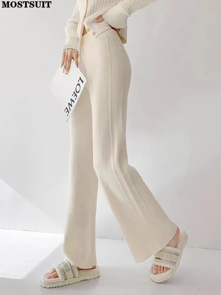 

High-waisted Twisted Knit Pants Trousers Women Autumn Winter Solid Casual Fashion Loose Wide Leg Straight Trousers Pants 2023