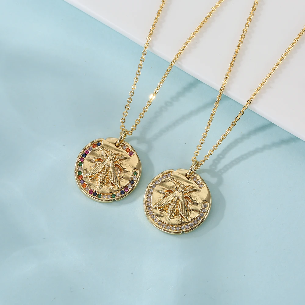 

Красочный Бриллиант Круглый бренд насекомое Стрекоза пчела золотой бриллиант микро инкрустированный кулон ожерелье персонализированный ...