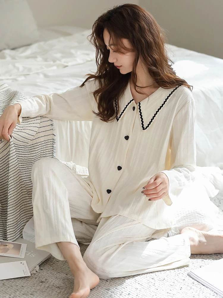 New Spring 100% Cotton Women Pajams Set White Sleepwear Lace Design Home Clothes Pijama Femme Hombre Pyjama Nightgown For Ladies