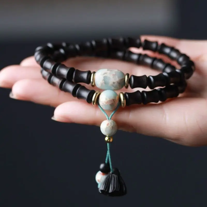 Natural Ebony Buddha Beads with Purple Light Bamboo Beads and Lotus Flower Bracelet for Men and Women Meditation Ornament
