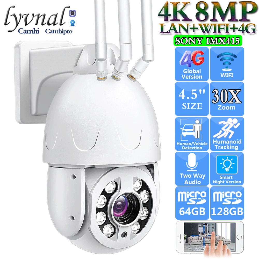 

3G 4G SIM Card Sonyimx 415 4K 8MP Wireless IP Camera Wifi PTZ Dome 30X Zoom Two Way Audio Human Auto Tracking Color Night Vision