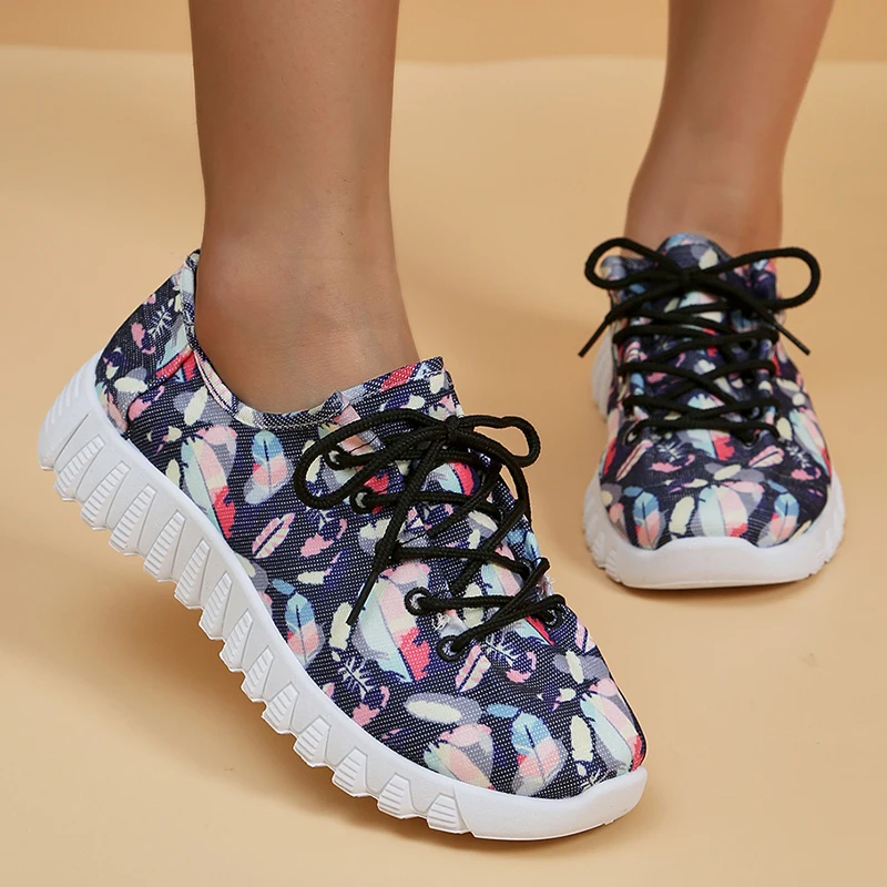 

Breathable Mesh Printed Sports Shoes Women Autumn Non-Slip Casual Sneakers Woman Lightwieght Lace Up Knitted Flats Shoes Ladies