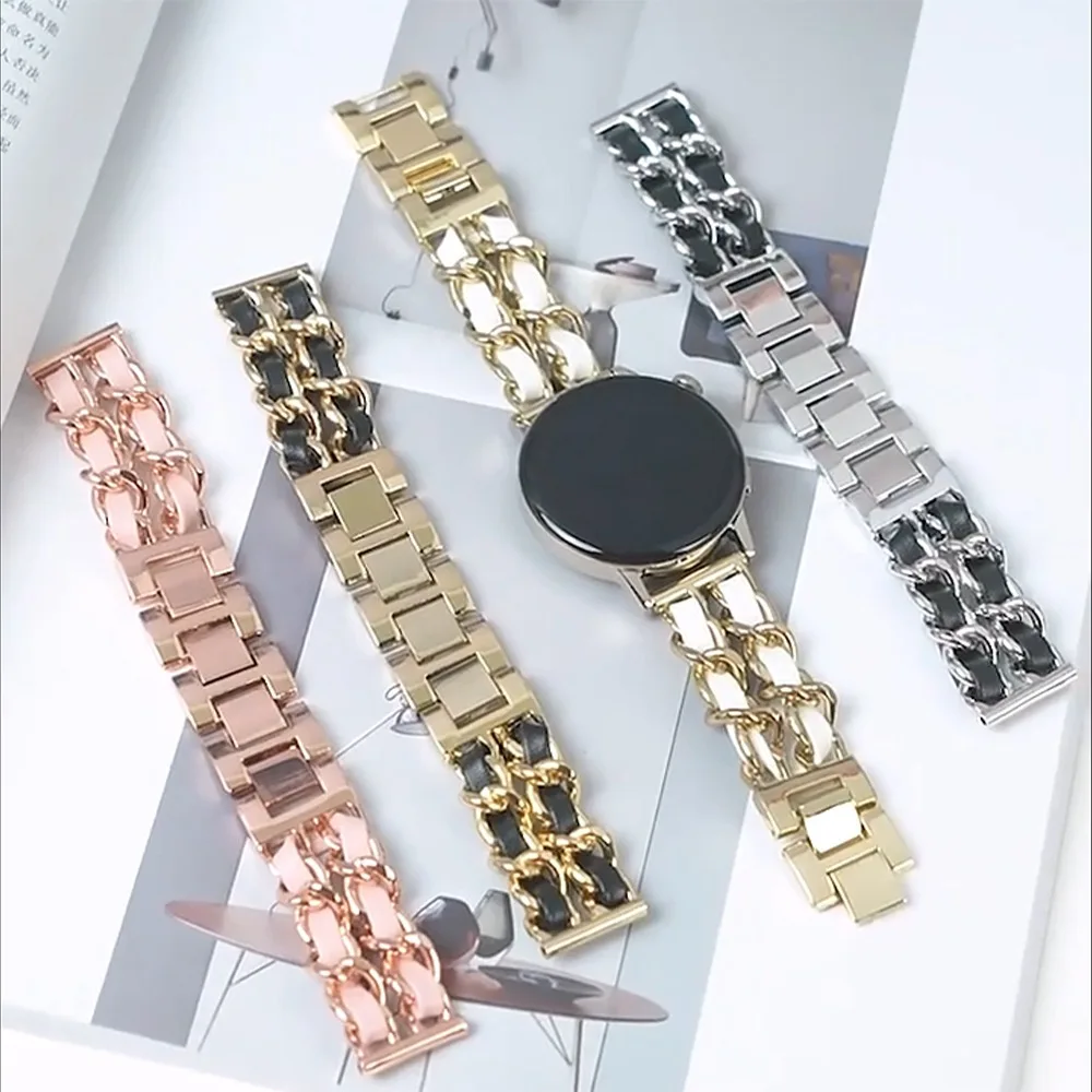 

20mm 22mm Metal+leather Strap for Samsung Galaxy Watch 6/5/4 40mm 44mm Active 2 Cute women Bracelet for Huawei GT2 GT3 42mm 46mm