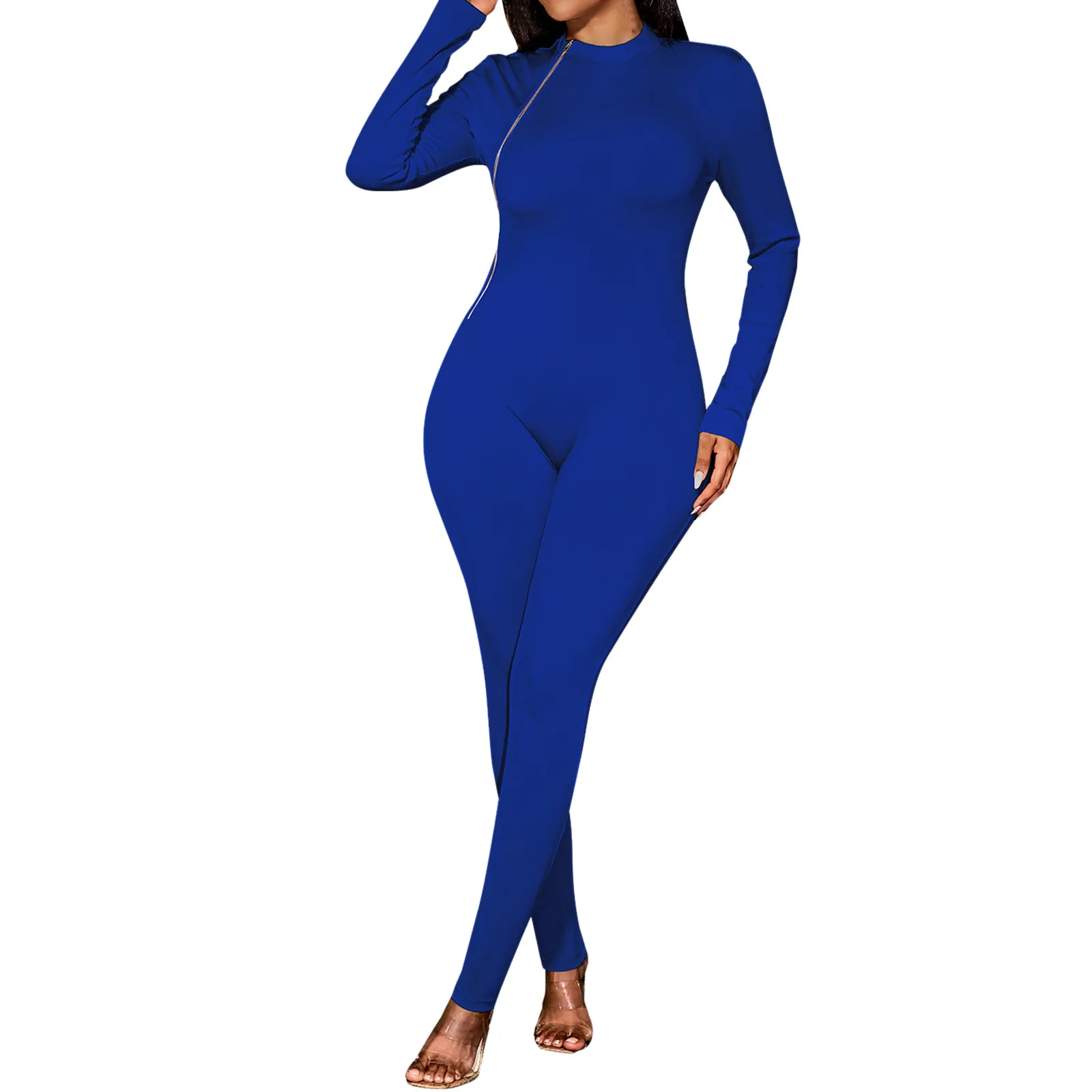 

Женский однотонный комбинезон с длинным рукавом, облегающая пикантная уличная одежда, повседневные Длинные Комбинезоны с круглым вырезом, ...