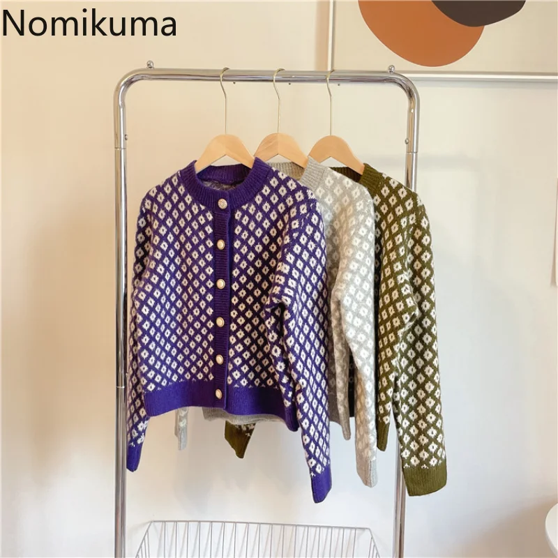 

Nomikuma Cardigan Women Autumn Winter Houndstooth Loose Simple Knitted Sweater Women Vintage Elegant Fashion Casual Pull Femme