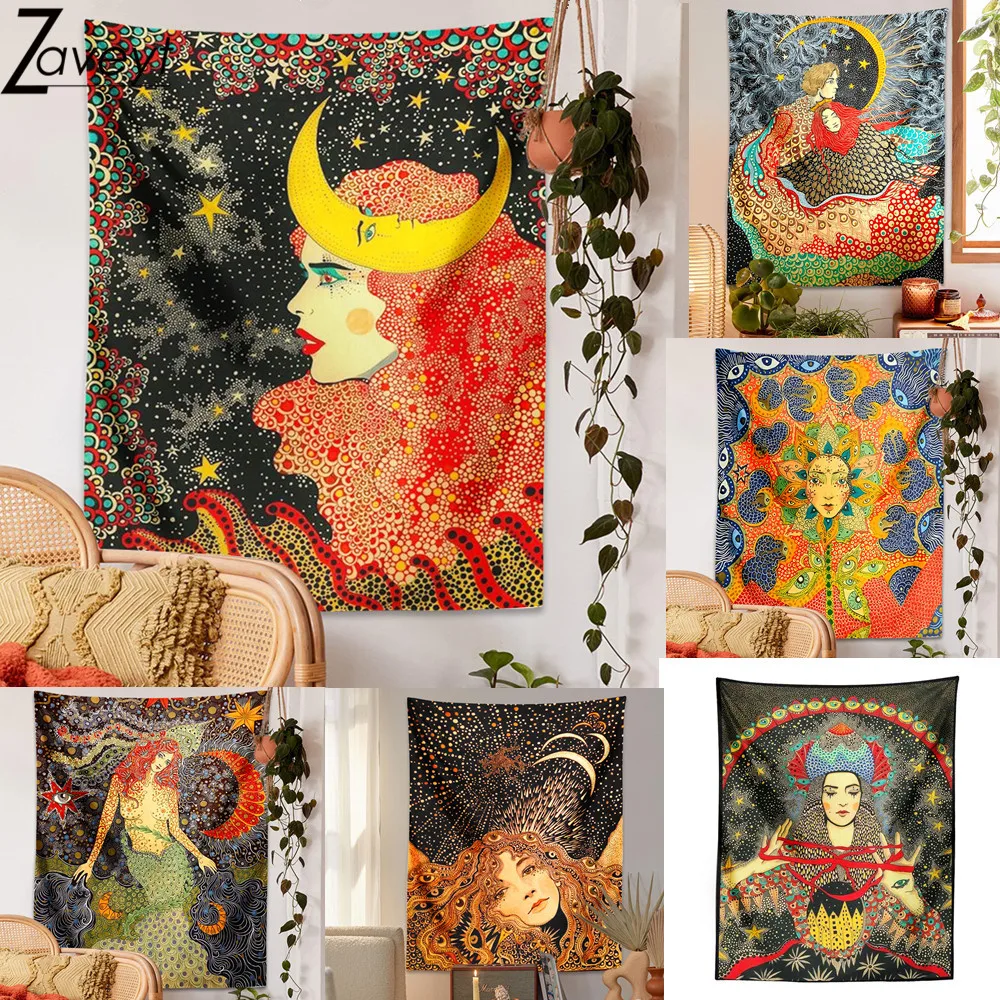 

75x58cm Psychedelic Starry Sky Moon Girl Tapestry Wall Hanging Botanical Celestial Tapestry Hippie Eye Witch Divination Carpets