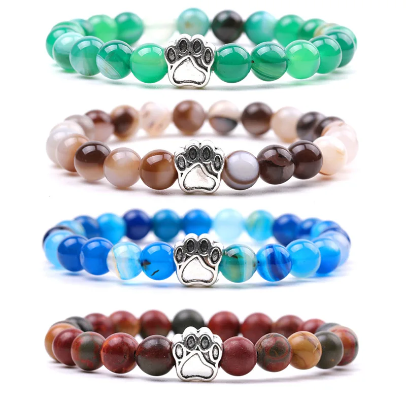 

10pcs 8mm Stripe Agates Stone Dog Paw Charms Bracelet Stretchable Bracelets Bangles for Women Jewelry