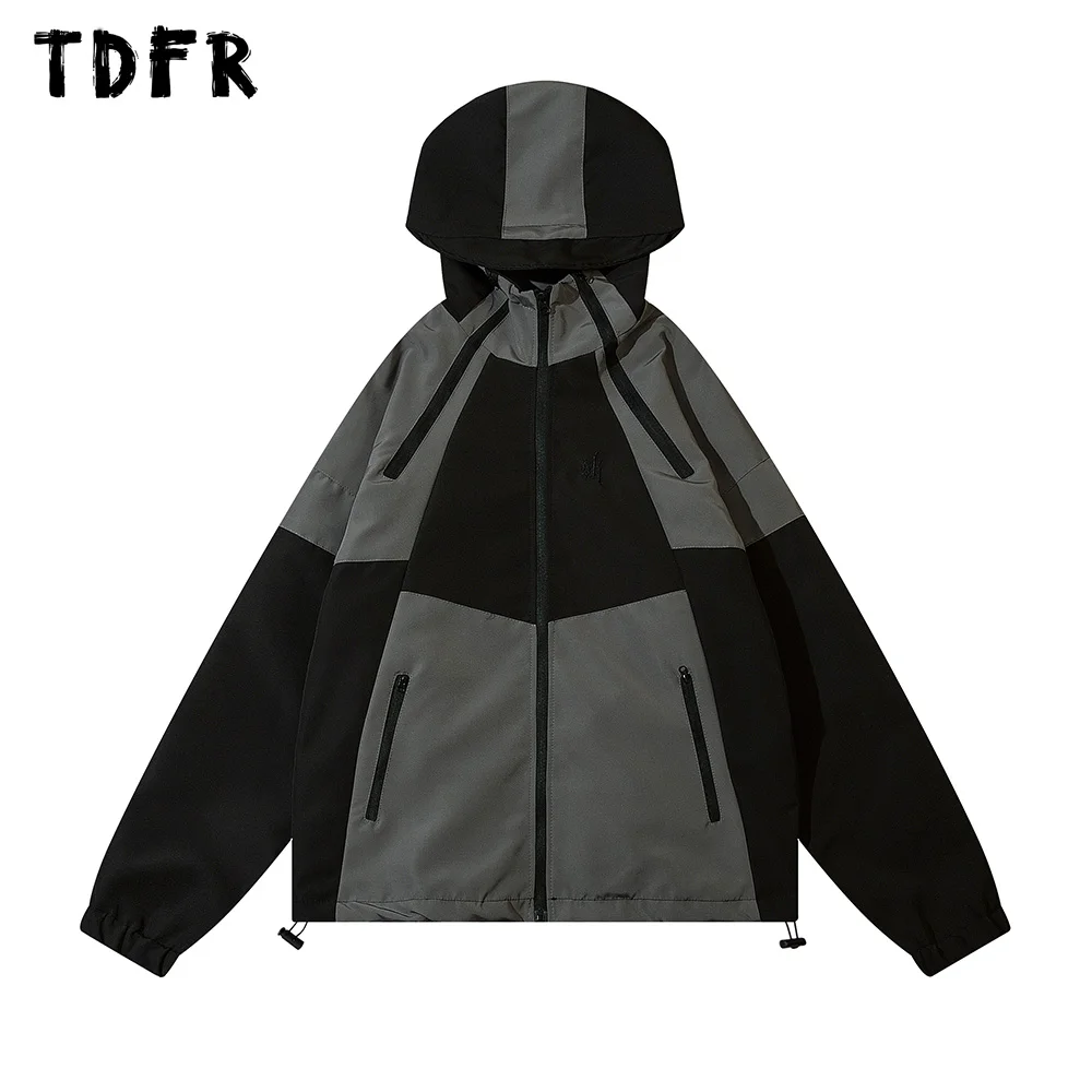 Contrast Paneled Hooded Jacket Mens Zipper Decoration Safari Style Loose Drawstring Hem Outerwear Men