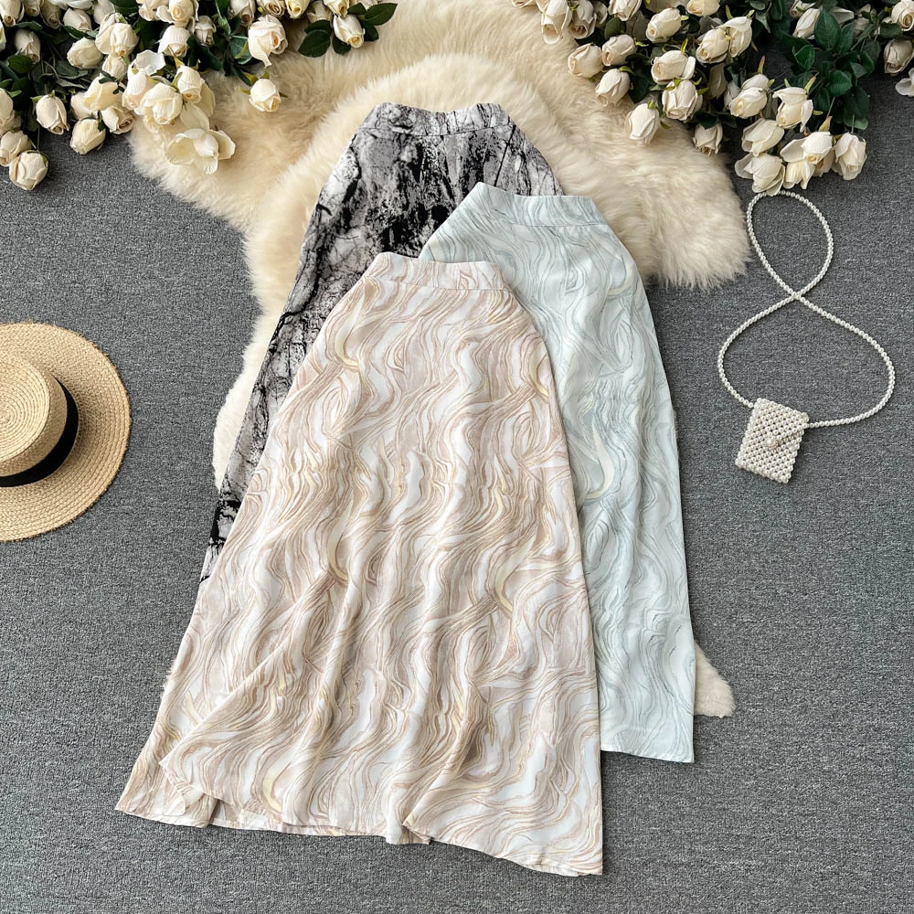 

Summer 2022 New French Retro Oil Painting Style High Waist Ink Printing A- Line Skirt Skirts Womens