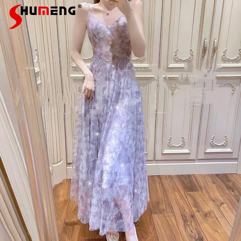 

Summer Temperament Long Dress French Floral V-neck Slimming Waist Strap Party Dress Female Sweet Fairy Sleeveless Maxi Dress