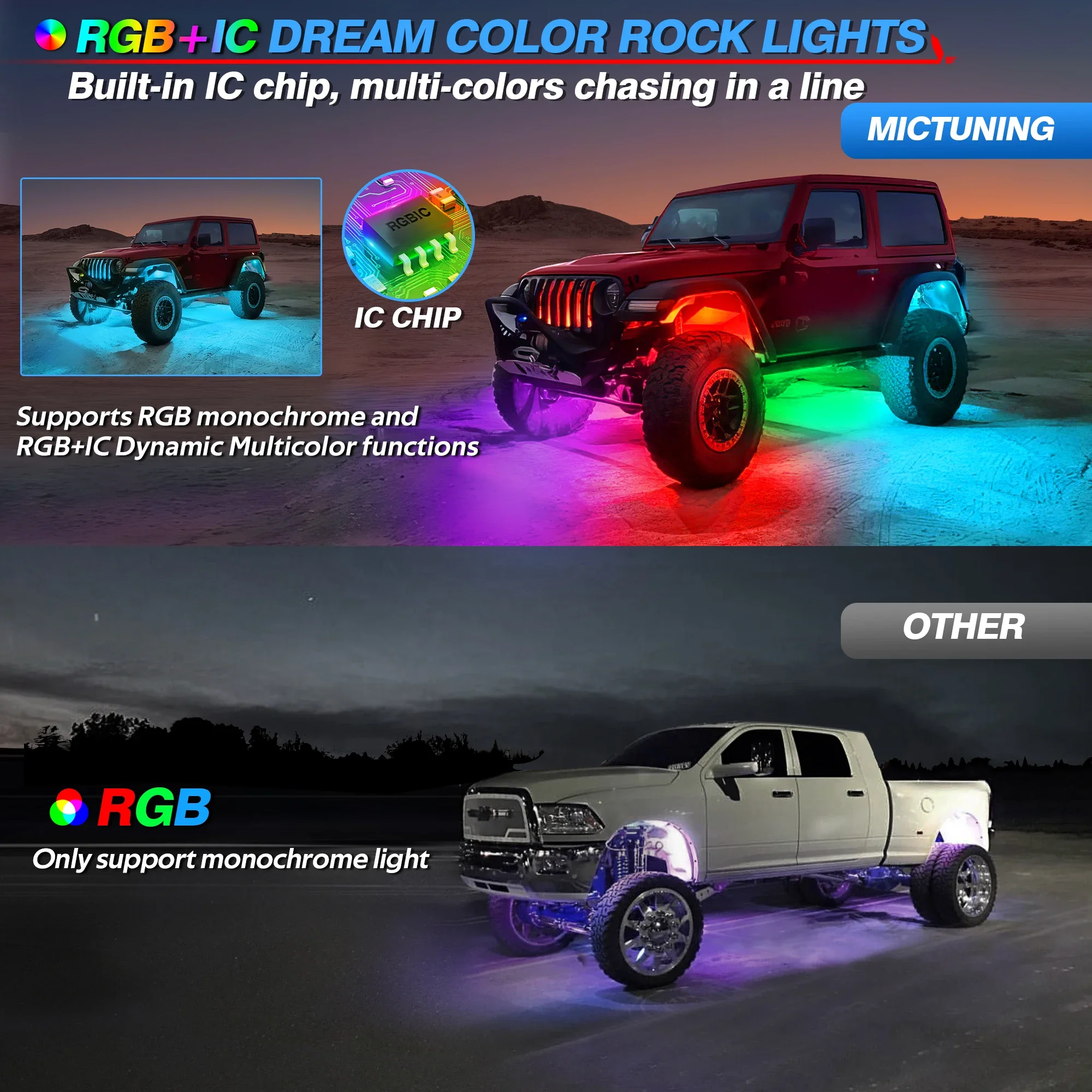 MICTUNING 10-качечный комплект RGB IC LED Rock Lights Chasing Color Многоцветный неоновый освещения с