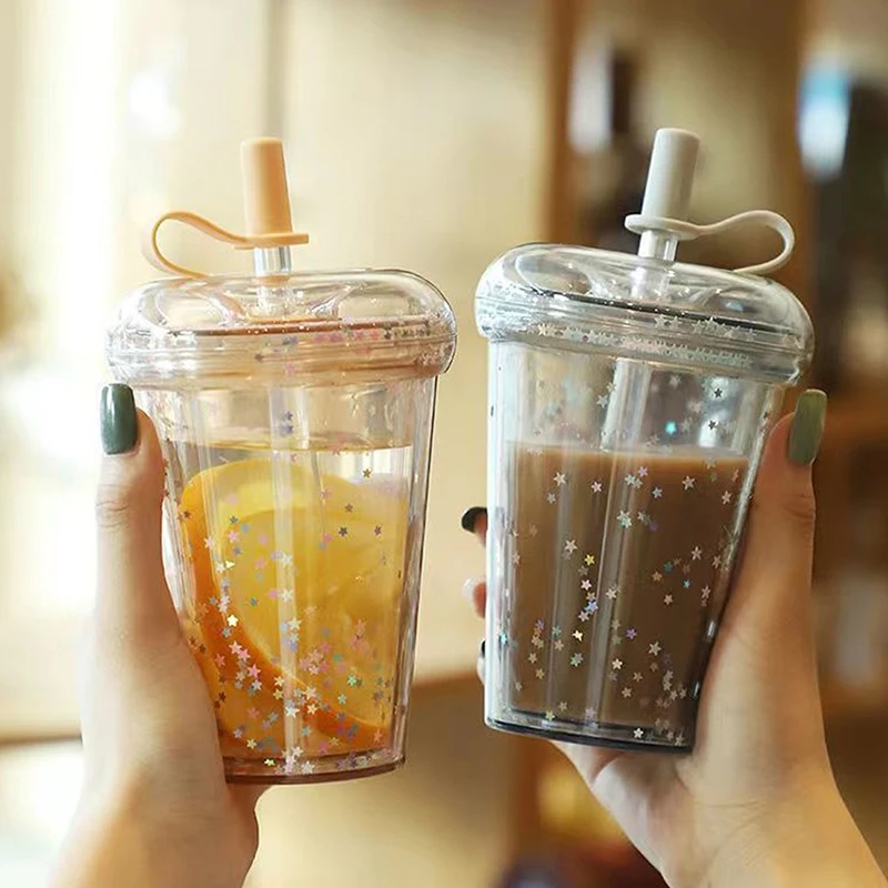 

Straw Plastic Water Bottle Coffee Cup Milk Juice Cup Drinkware Cups With Lid Straw Portable Reusable Drinking Bottle