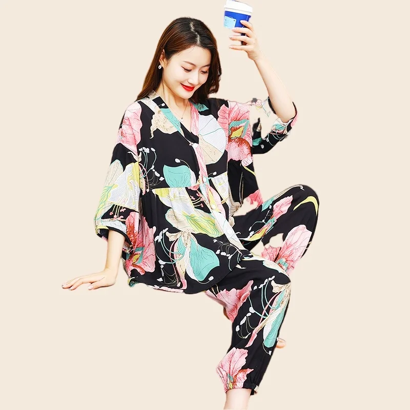 Women's Homewear Pajamas Set Full Sleeve Long Pants Flower Print Casual Pyjama Big Size Cozy Cotton PJS