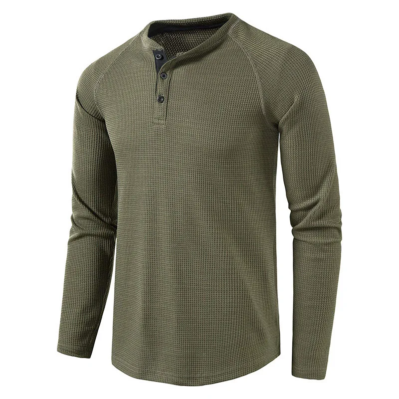 Parklees Grey Waffle Mens Henley Shirt Casual Solid Breathable High Quality Shirts Regular Fit Long Sleeve Basic Tops Tees Homme