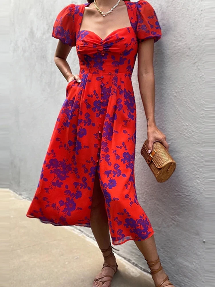 

Модное облегающее платье с квадратным вырезом и коротким рукавом, новинка 2022, женское шикарное платье миди на пуговицах с разрезом, элегант...