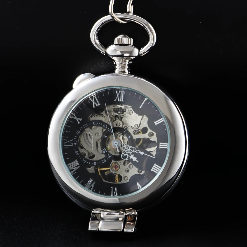 Transparent Case Silver Single Sided Mechanical Pocket Watch Men's Necklace Pendant Clock Retro Gentleman Accessories