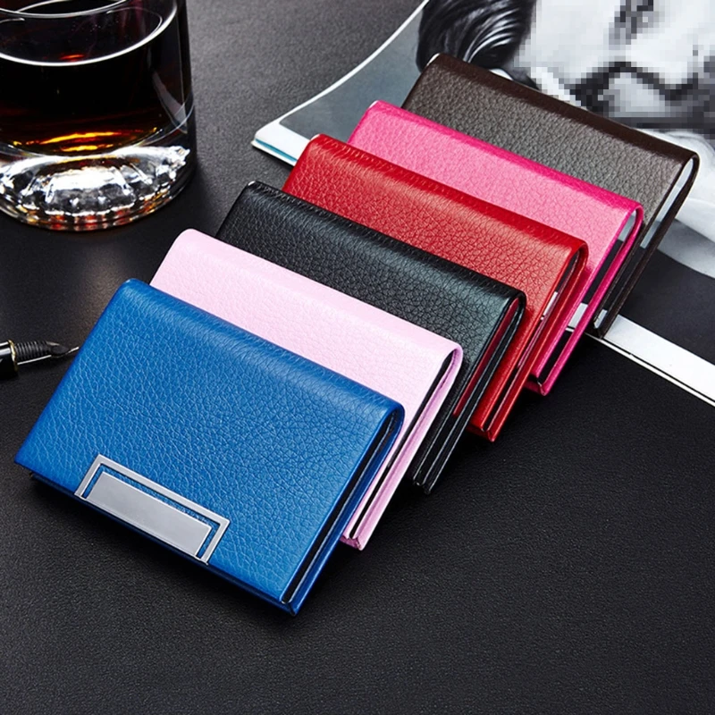 

PU Leather Business Card Holder with Magnetic Buckle Lychee Pattern Slim Pocket Name Card Holder Large Capacity Credit Card Case