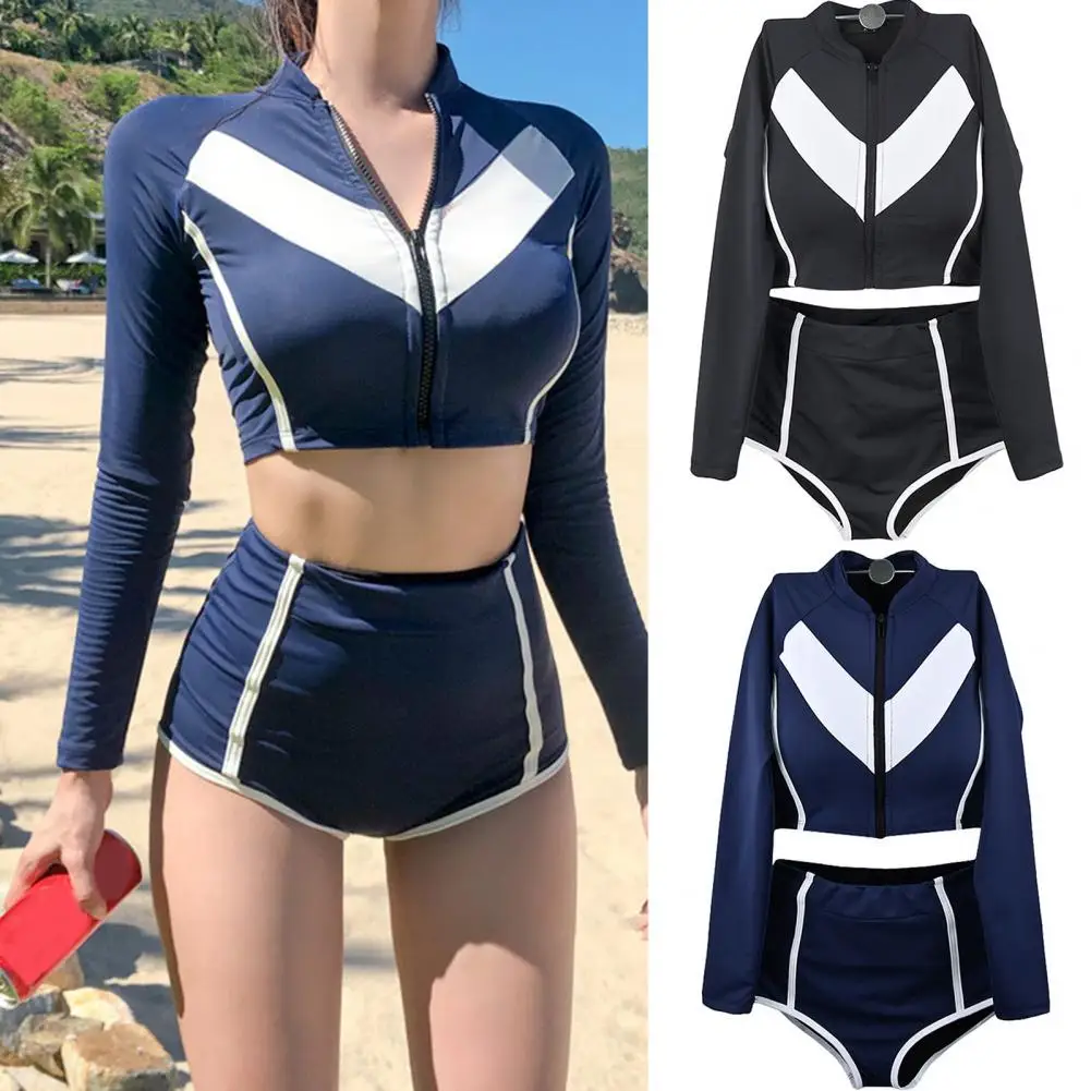 

Long Sleeve Bikini 2022 Women Swimsuit 2 Piece Crop Top Korea Retro High Waist Bikini Set Swimwear Swimming Suit Bathing Suit