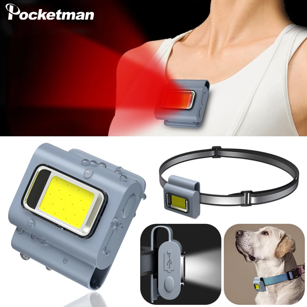 

LED Night Running Light COB LED Flashlight Clip Light USB Rechargeable Work Light Headlamp Silicone Sports Chest Red Light