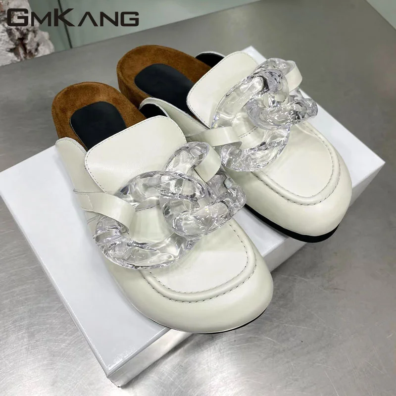 Chain Decoration Thick Bottom Slippers Women Black White Genuine Leather Mules Women Flat Slippers Women Zapatillas Mujer