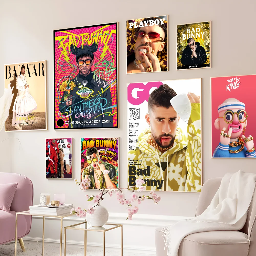 Pop Hip Hop Rapper B-Bad B-Bunny Whitepaper Poster Waterproof Paper Sticker Coffee House Bar Aesthetic Art Wall Painting