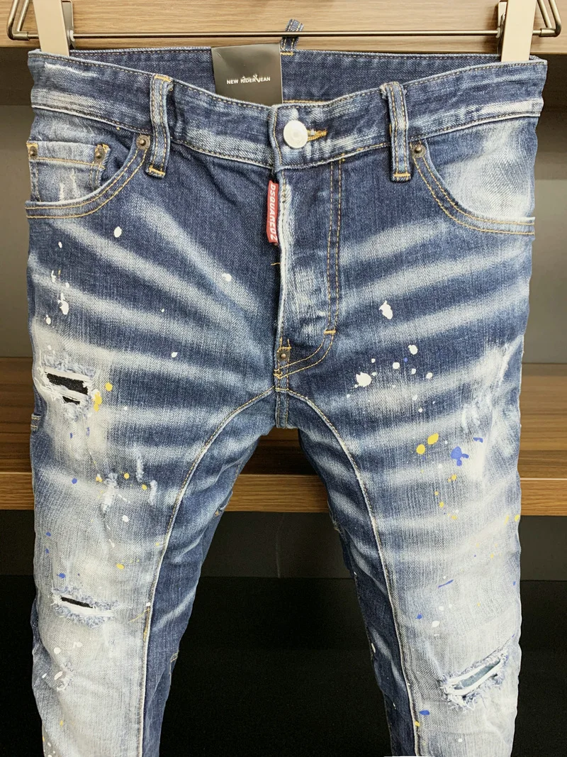 New Men's Dsquared2 Buttons Jeans Ripped For Male Skinny  Pants Men's Denim Trousers Top Quality Slim Jeans A390