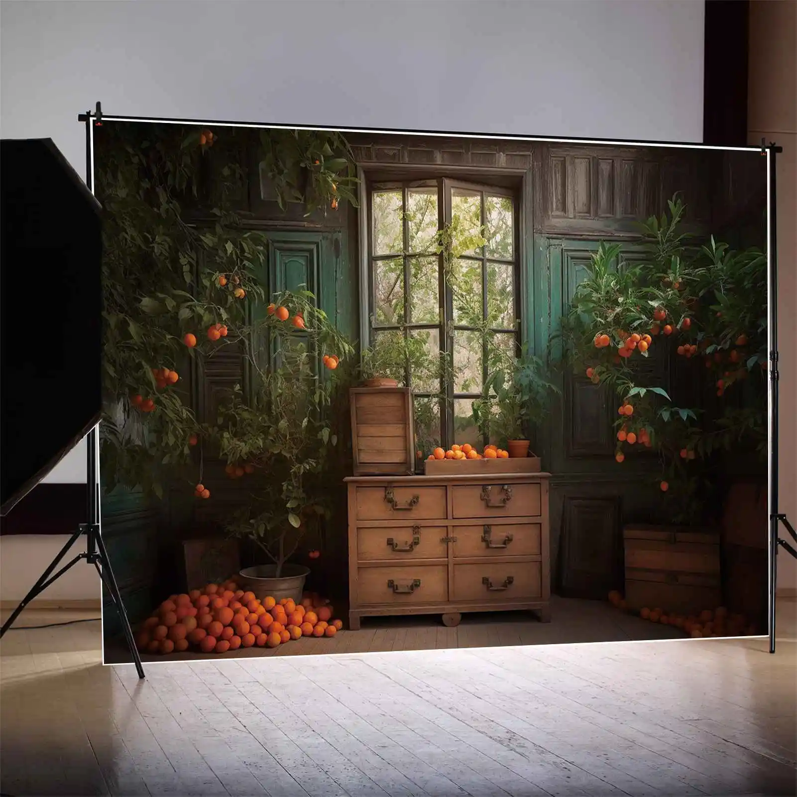 

MOON.QG Backdrop Autumn Wooden Window Children Birthday Party Photo Booth Background Thanksgiving Rural Home Green Grocery Props