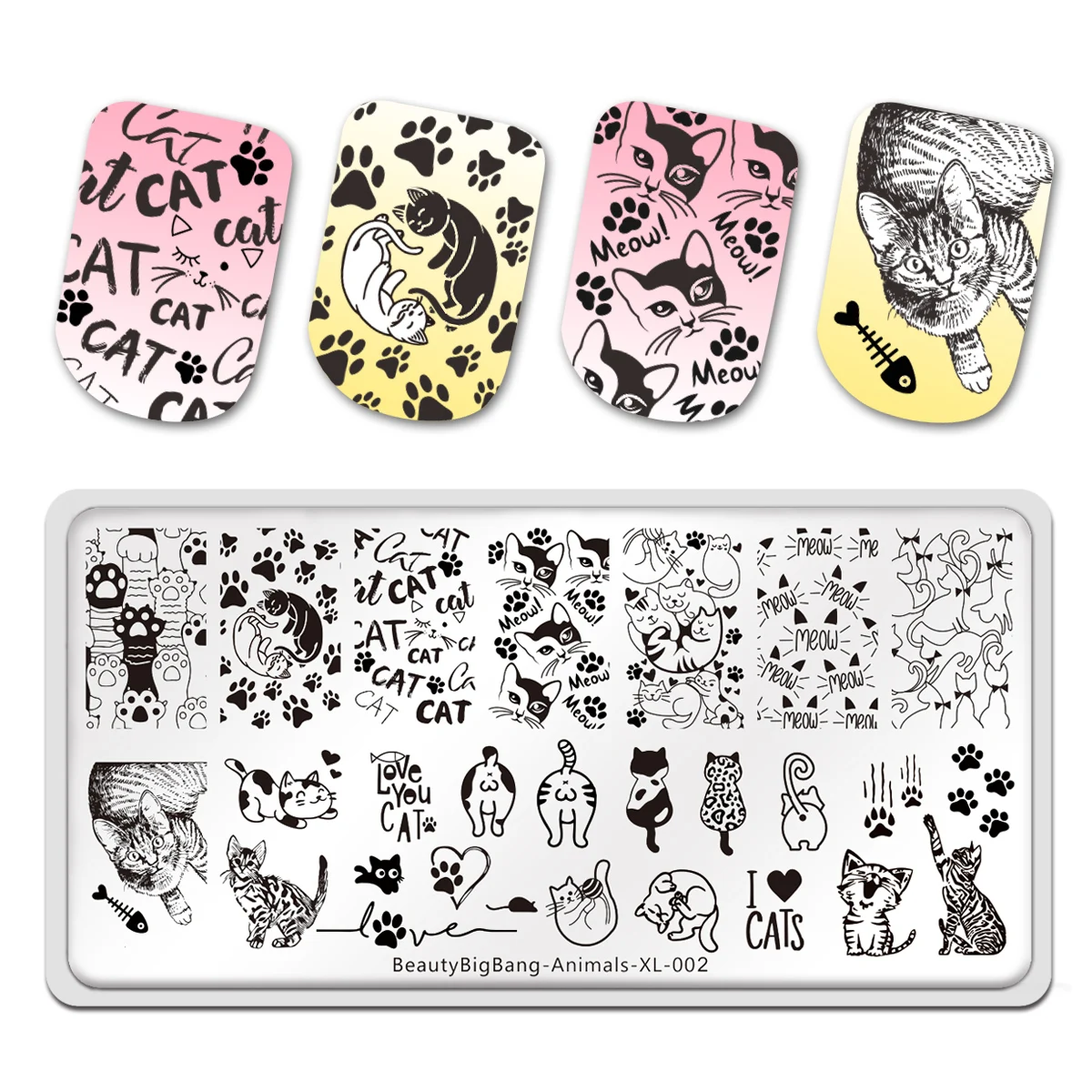 

BeautyBigBang 2022 штампованные пластины для ногтей милый кот животные трафарет из нержавеющей стали шаблоны для дизайна ногтей животные XL-002 6x12cm