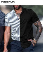 fashion mens striped tops 2022 incerun patchwork short sleeve blouse stylish male crew neck casual streetwear shirts s 3xl 2022