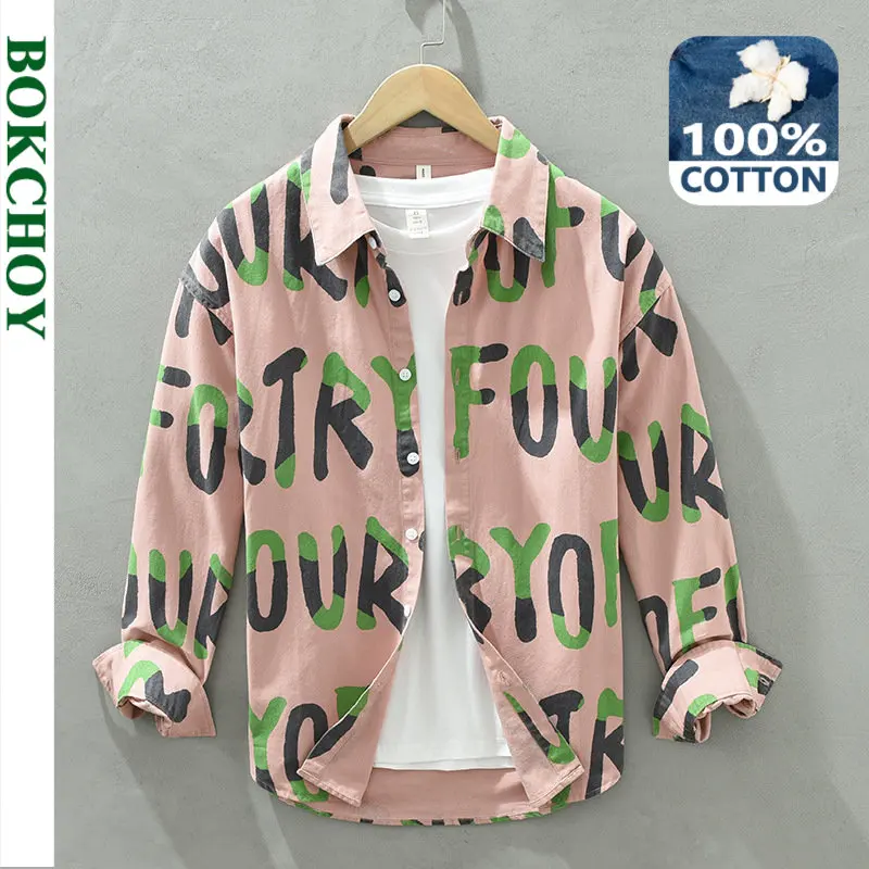 

2022 Autumn Winter Men New Trend Stitching Letter Printing Long-sleeved Shirt Loose Casual All-match Literary Cotton Top C2101