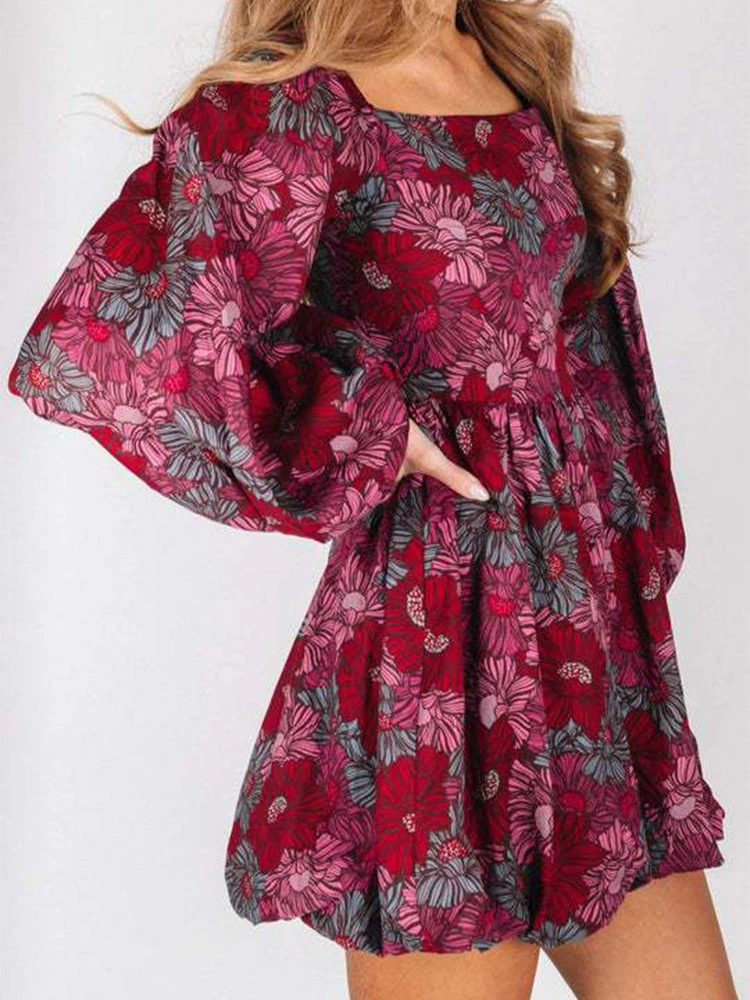 

Fashion Floral Print Lantern Sleeves Party Dress Chic Casual Commute Lady Pleated Dress Women Elegant Square Collar Mini Dresses