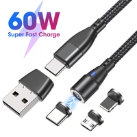 aufu 60w magnetic charging usb type c cable super fast charge cable for huawei micro data transfer pd 20w for iphone 13 12