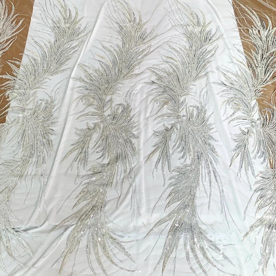 

2022 NEW Super Shiny Silvery Sequins Beads Embroidered Lace Fabric Material Tulle Mesh Lace 1 Yard