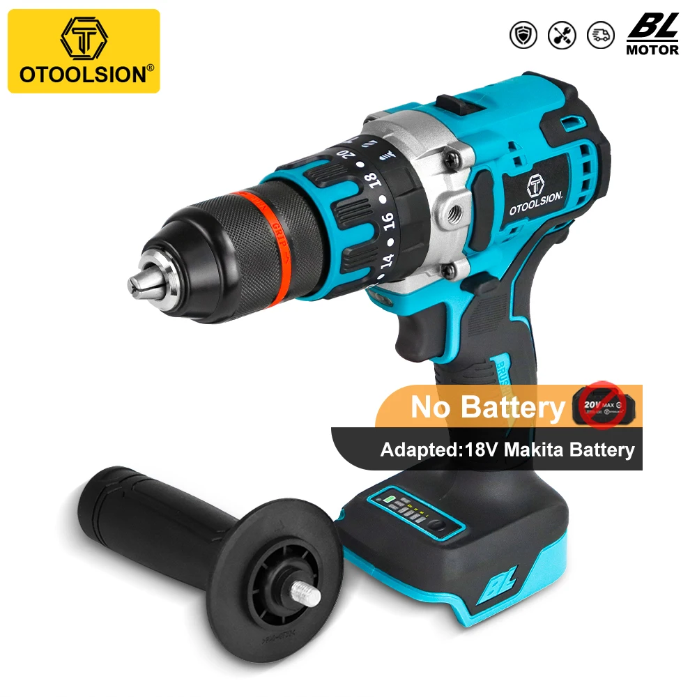 Беспроводная и бесщеточная электрическая дрель 13 мм 20 + 3 Крутящий момент Электрическая аккумуляторная отвертка Ударная дрель Электрический инструмент для подледной рыбалки