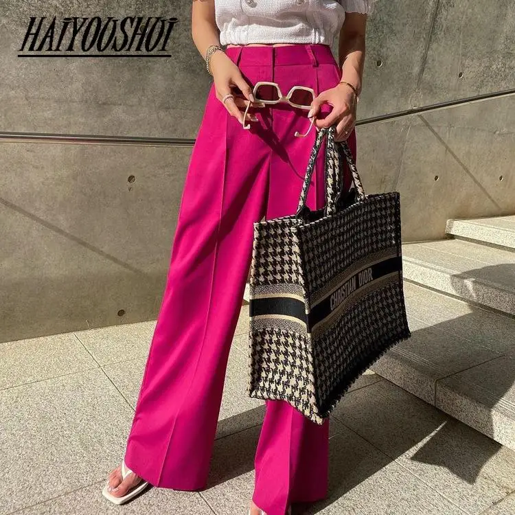 

Брюки женские длинные с завышенной талией, модные офисные элегантные Широкие штаны розового цвета, одежда для женщин на лето