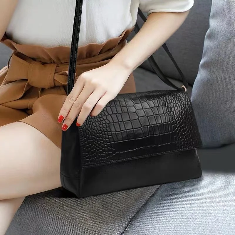 100% Leather Women's Shoulder Bag Luxury Crocodile Embossed Large Capacity Casual Messenger Handbag