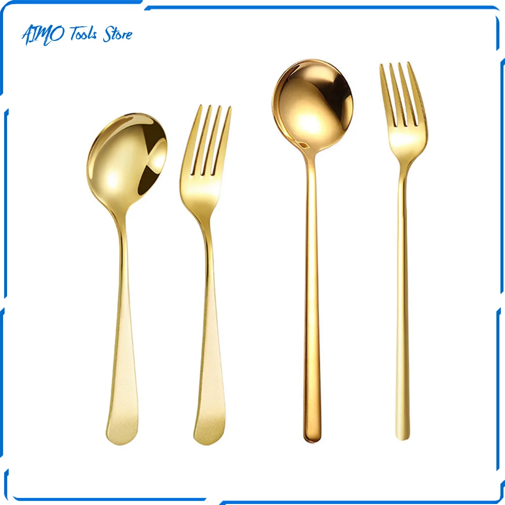 

1 Piece/2 Piece Stainless Steel Cutlery Set Student Round Spoon Fork Portable Gold/Silver Kitchen Utensils China Top Quality
