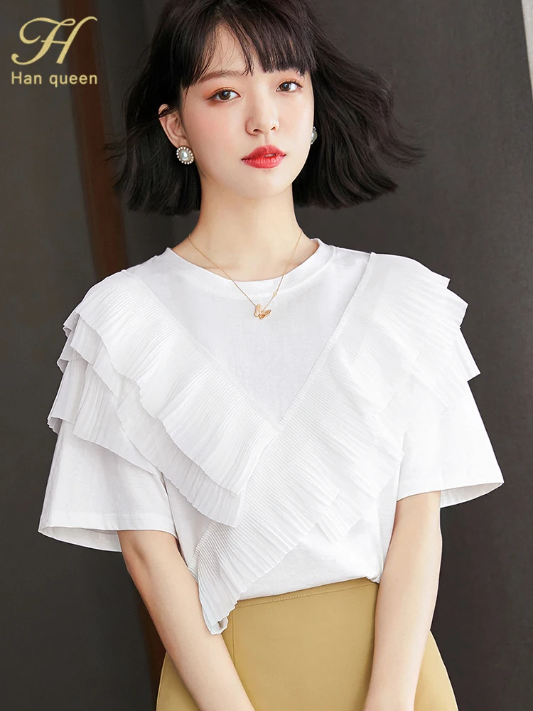 

H Han Queen New Summer Women's Elegant OL Work Wear Shirts Ruffles Chiffon Blouses Korean Casual Shirt Loose Tops O-Neck Blusas