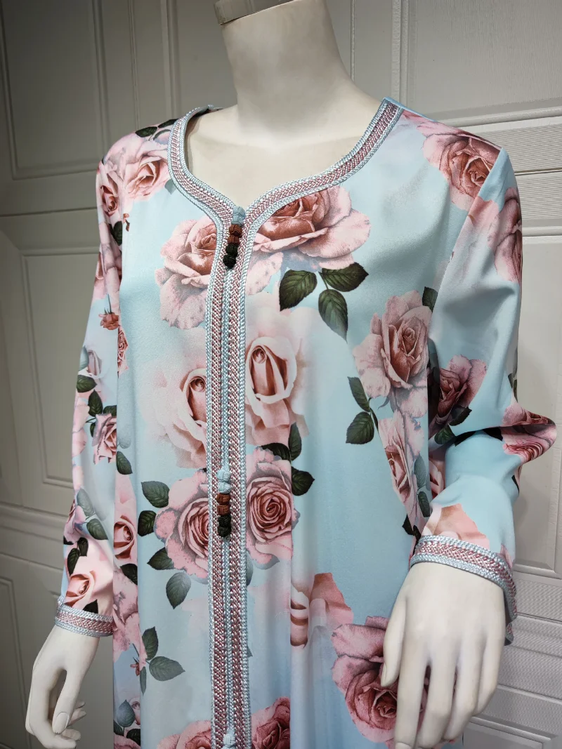 Elegant Muslim Moroccan Jalabiya Dubai Floral Long Dress for Women Ramadan Eid-al-Adha 2023 Blue Tape Trim V Neck Long Sleeve